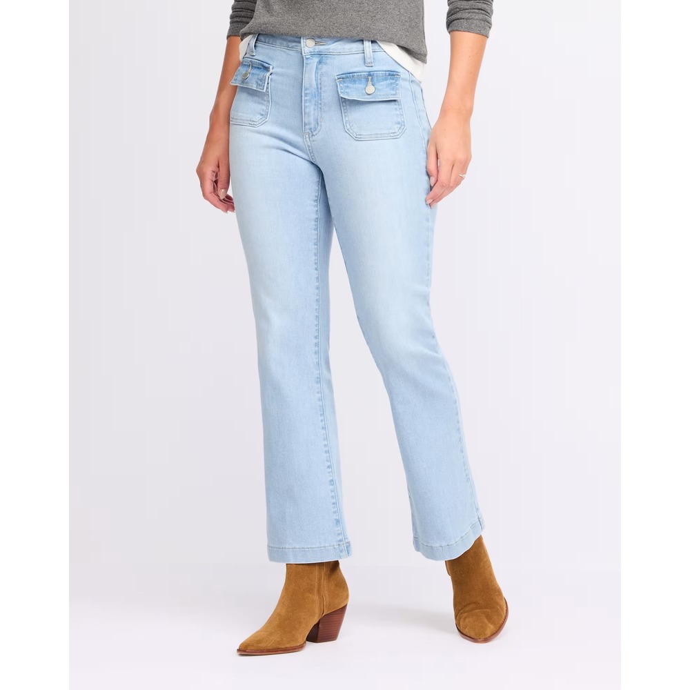 Just USA Stitch Fix Light Wash Flare Jeans High Rise Patch Pocket Blue